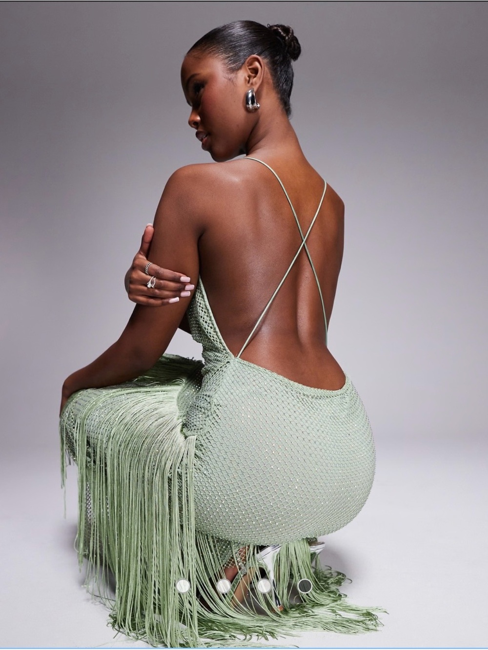 ASOS Fishnet Hotfix Embelished Green Fringe Cowl-Neck Maxi Dress - Picture 3 of 15